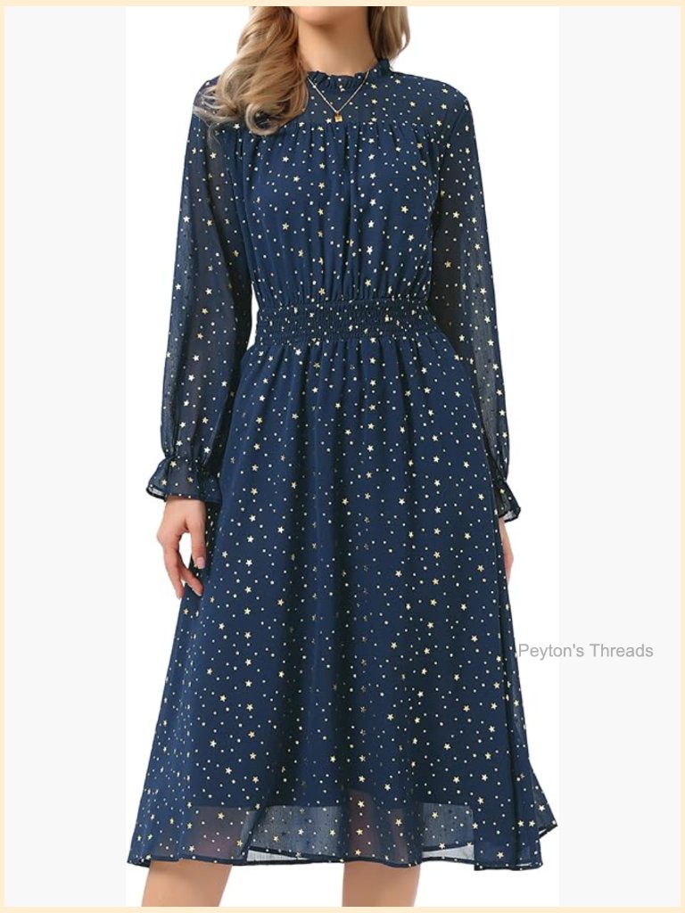 Chiffon Midi Dress With Metallic Stars, Sheer Long Sleeve, Smocked A-Line, Lined